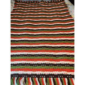 Vtg Crocheted Fringe Afghan 72"x51" Cozy Brown Orange Cream Green Grannycore MCM
